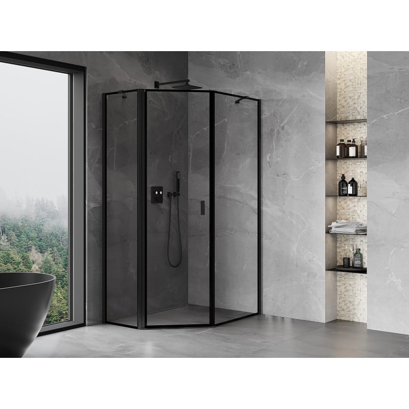 Mexen Mist asymmetrische fünfeckige Duschkabine, links öffnend 80 x 100 cm, schwarzer Rahmen, schwarz - 8A8-080-100-70-70-L