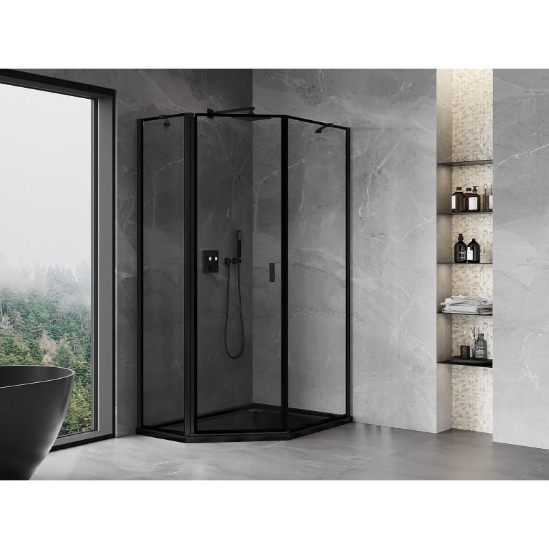 Mexen Mist asymmetrische fünfeckige Duschkabine, schwenkbar links 90 x 100 cm, schwarzer Rahmen, schwarz - 8A8-090-100-70-70-L