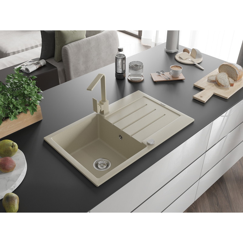 Mexen Bruno Granitspüle 1-Becken mit Abtropffläche und Küchenarmatur Rita, beige - 6513-69-670300-69