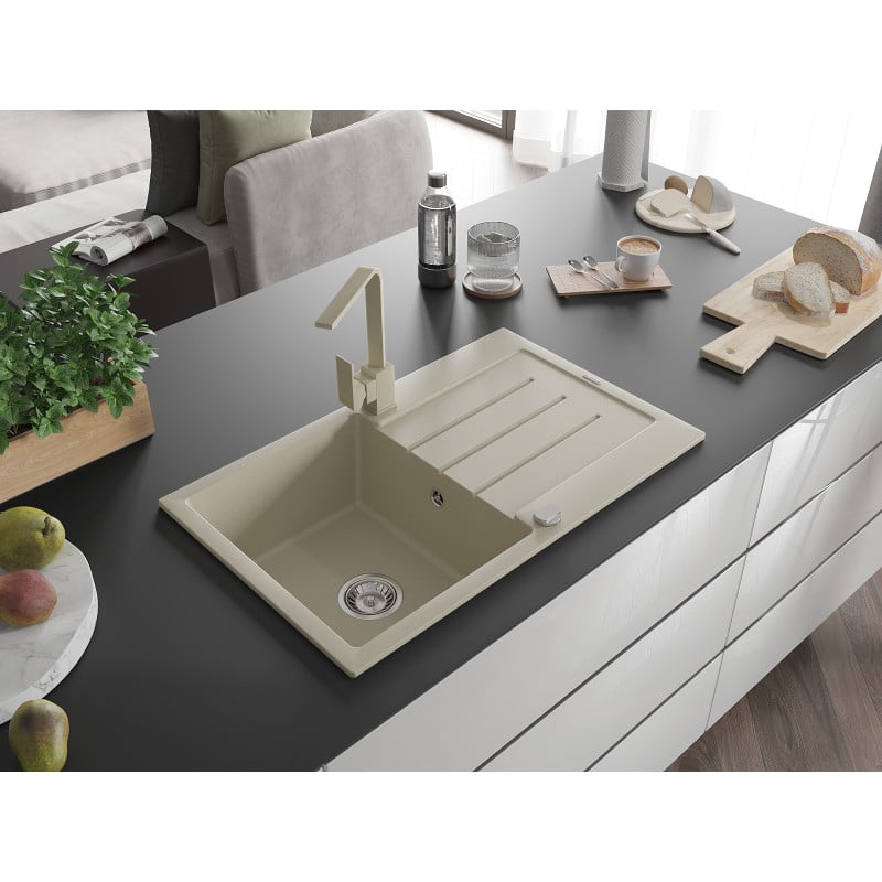 Mexen Bruno Granitspüle 1-beckig mit Abtropffläche und Küchenarmatur Rita, beige - 6513-69-670300-69