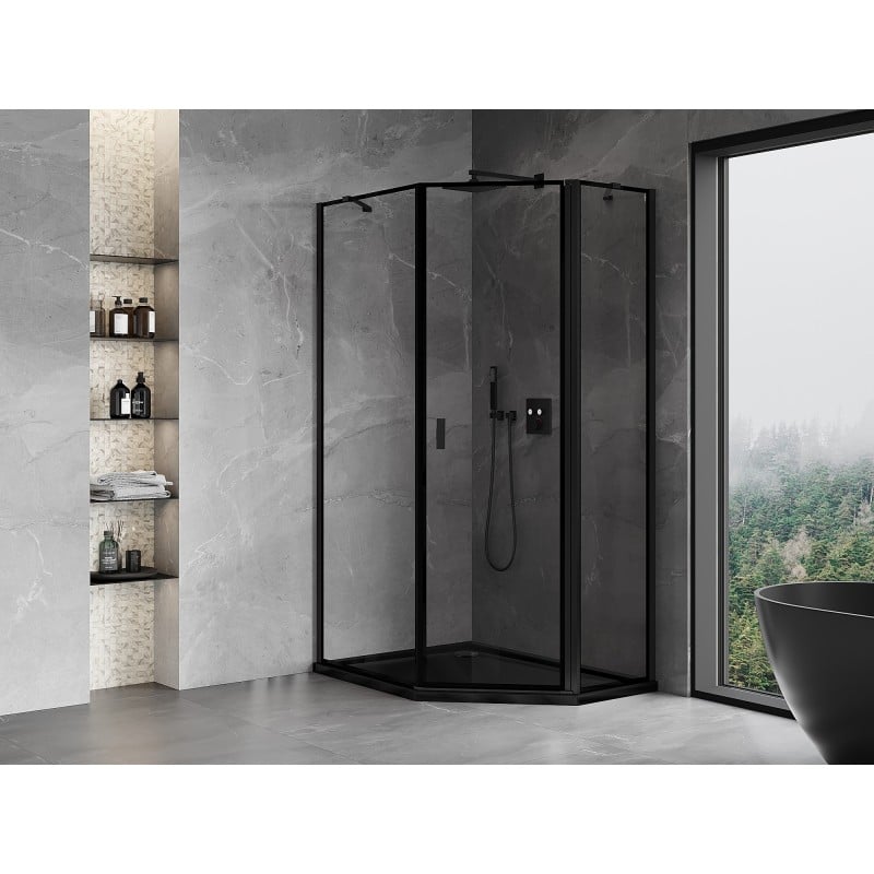 Mexen Mist Fünfeck-Duschkabine asymmetrisch, rechte Tür 80 x 100 cm, schwarzer Rahmen, schwarz - 8A8-080-100-70-70-P