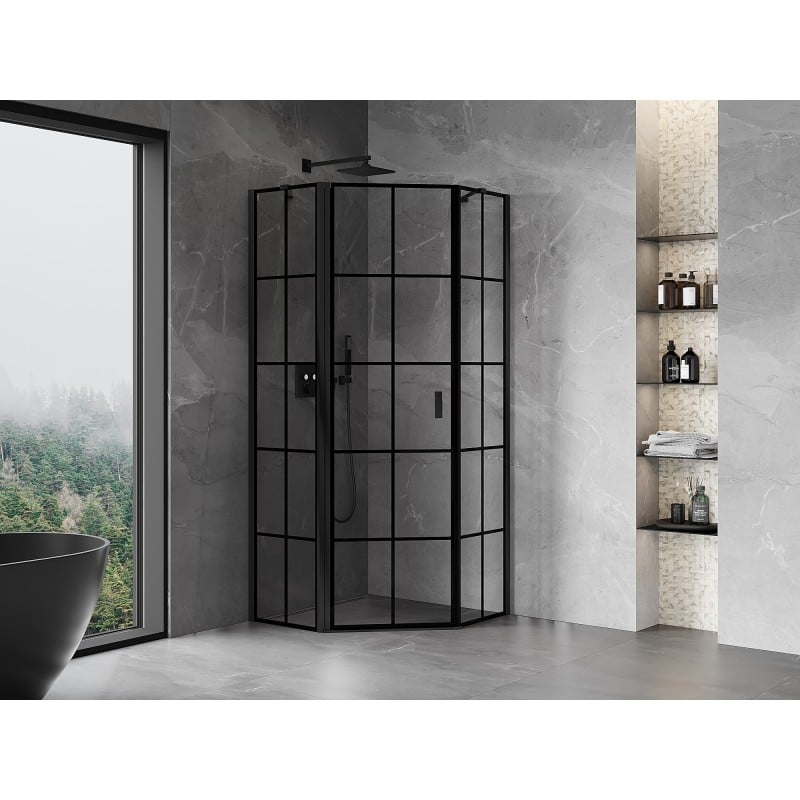 Mexen Mist Fünfeck-Duschkabine, linke Schwingtür 90 x 90 cm, schwarzes Gitter, schwarz - 8A8-090-090-70-77-L