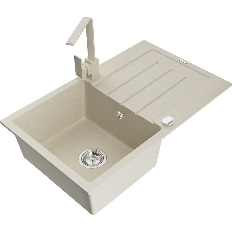 Mexen Bruno Granitspüle 1-beckig mit Abtropffläche und Küchenarmatur Rita, beige - 6513-69-670300-69