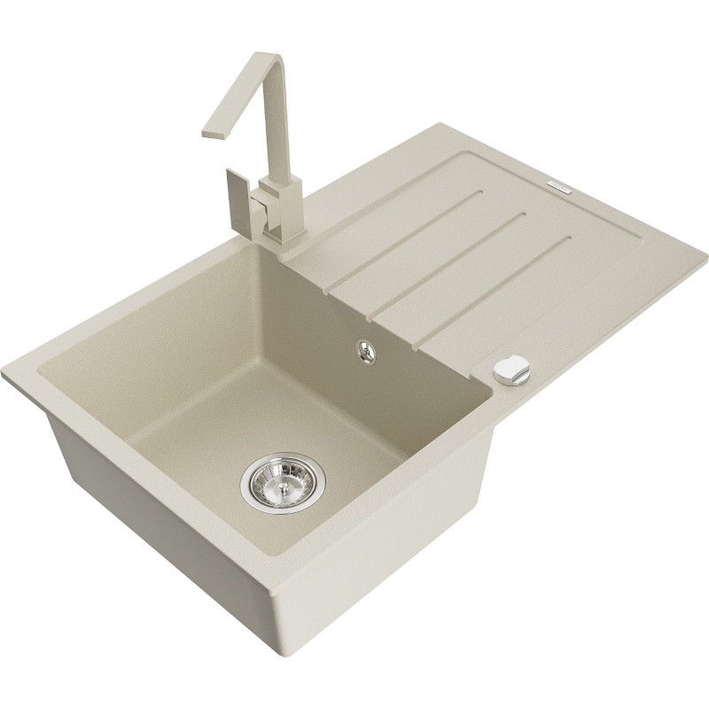 Mexen Bruno Granitspüle 1-Schüssel mit Abtropffläche und Küchenarmatur Rita, beige - 6513-69-670300-69