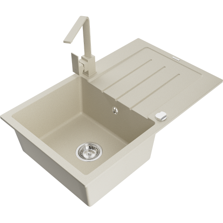 Mexen Bruno Granitspüle 1-beckig mit Abtropffläche und Küchenarmatur Rita, beige - 6513-69-670300-69