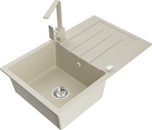 Mexen Bruno Granitspüle 1-beckig mit Abtropffläche und Küchenarmatur Rita, beige - 6513-69-670300-69