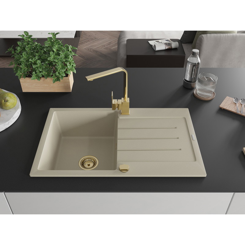 Mexen Bruno Granitspüle, 1-becken, mit Abtropffläche und Küchenarmatur Rita, beige - 6513-69-670300-50