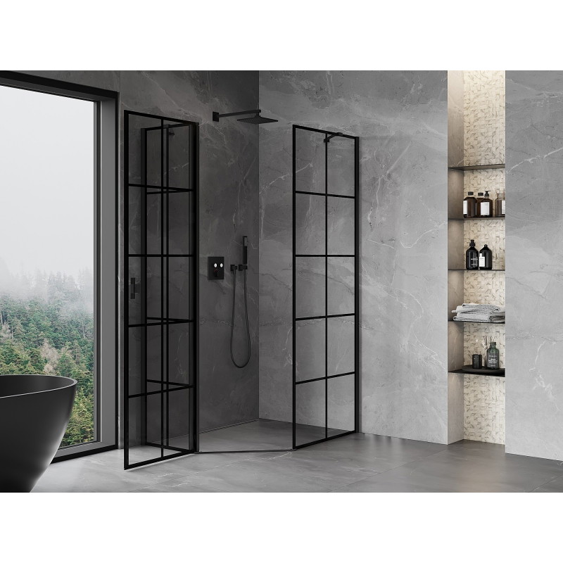 Mexen Mist asymmetrische, fünfeckige Duschkabine, links öffnend, 80 x 100 cm, schwarzes Gitter, schwarz - 8A8-080-100-70-77-L
