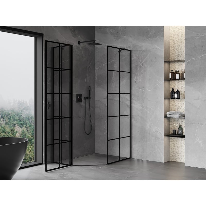 Mexen Mist fünfeckige asymmetrische Duschkabine schwenkbar links 80 x 100 cm, schwarzes Gitter, schwarz - 8A8-080-100-70-77-L