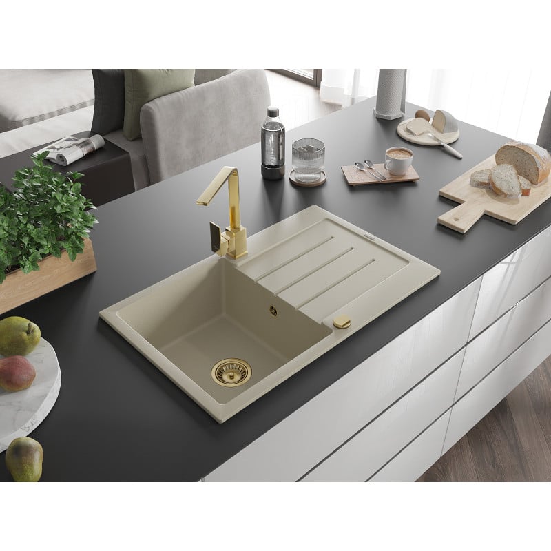 Mexen Bruno Granitspüle, 1-becken, mit Abtropffläche und Küchenarmatur Rita, beige - 6513-69-670300-50