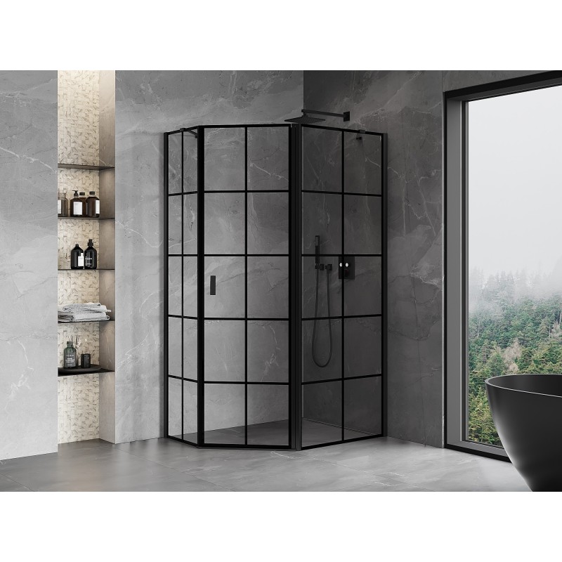 Mexen Mist Fünfeck Duschkabine asymmetrisch, rechts 90 x 80 cm, schwarzes Gitter, schwarz - 8A8-090-080-70-77-P