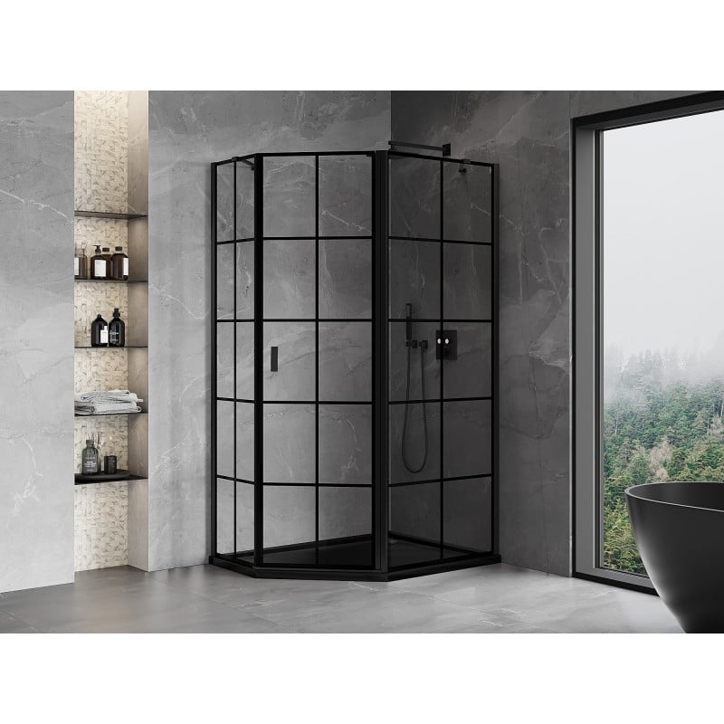 Mexen Mist Fünfeck Duschkabine asymmetrisch, rechts 90 x 80 cm, schwarzes Gitter, schwarz - 8A8-090-080-70-77-P