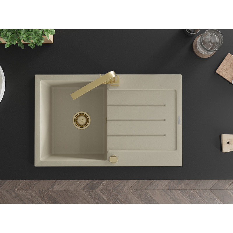Mexen Bruno Granitspüle, 1-becken, mit Abtropffläche und Küchenarmatur Rita, beige - 6513-69-670300-50