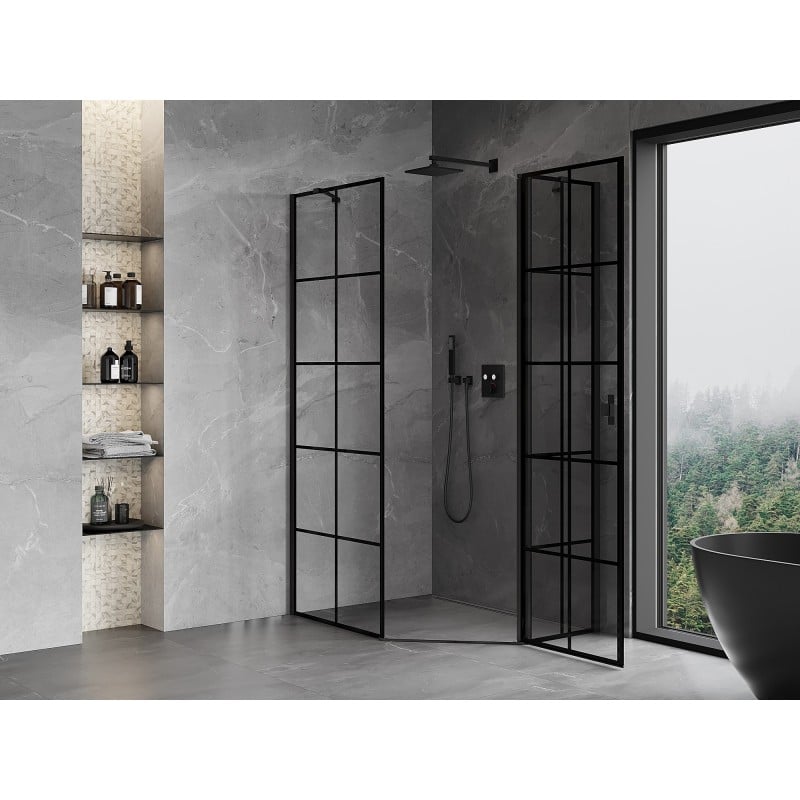 Mexen Mist asymmetrische fünfeckige Duschkabine, rechts schwenkbar 80 x 90 cm, schwarzes Gitter, schwarz - 8A8-080-090-70-77-P