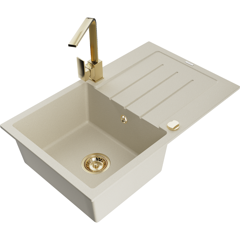 Mexen Bruno Granitspüle, 1-becken, mit Abtropffläche und Küchenarmatur Rita, beige - 6513-69-670300-50
