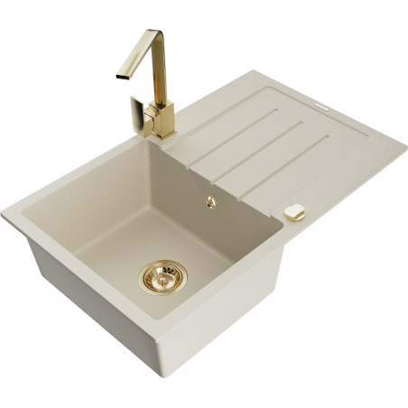 Mexen Bruno Granitspüle, 1-becken, mit Abtropffläche und Küchenarmatur Rita, beige - 6513-69-670300-50