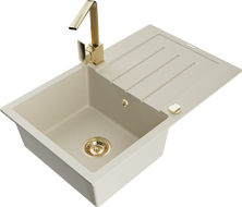 Mexen Bruno Granitspüle, 1-becken, mit Abtropffläche und Küchenarmatur Rita, beige - 6513-69-670300-50