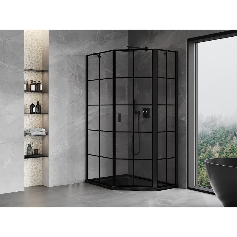Mexen Mist fünfeckige asymmetrische Duschkabine, schwenkbar rechts 80 x 100 cm, schwarzes Gitter, schwarz - 8A8-080-100-70-77-P