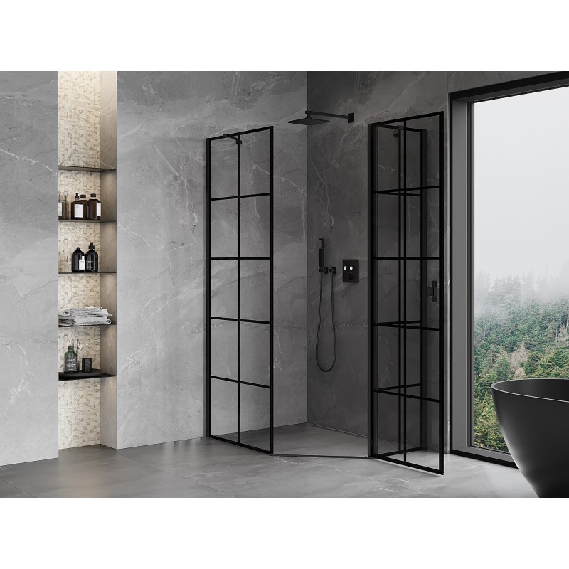 Mexen Mist asymmetrische fünfeckige Duschkabine, öffnend, rechts 90 x 100 cm, schwarzes Karo, schwarz - 8A8-090-100-70-77-P