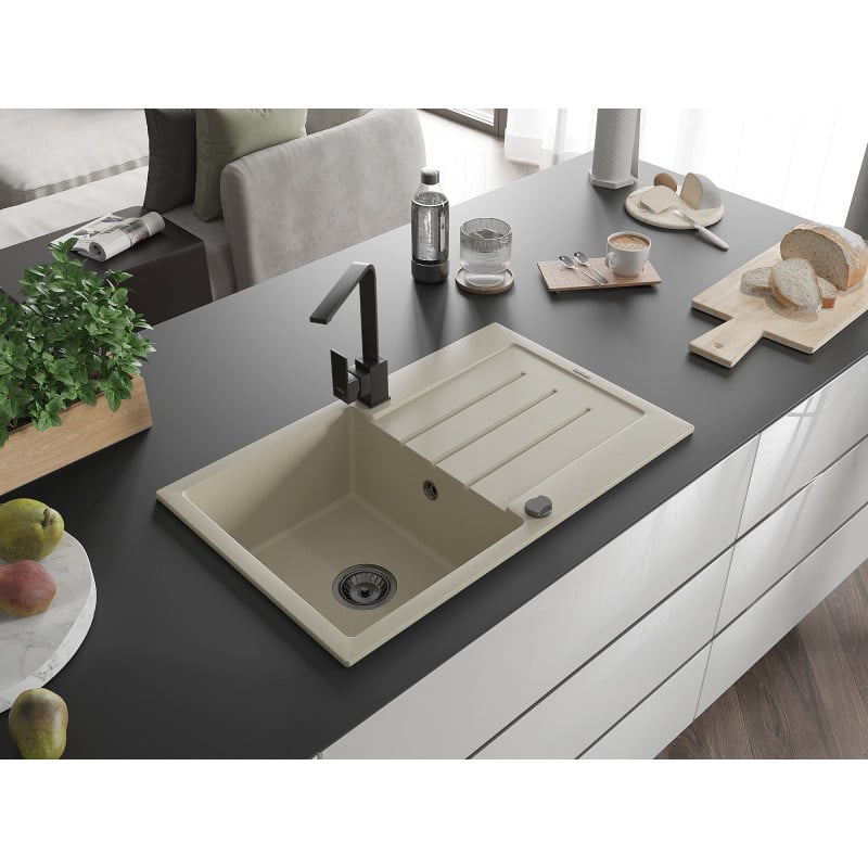 Mexen Bruno Granitspüle 1-becken mit Abtropffläche und Küchenarmatur Rita, beige - 6513-69-670300-70