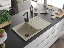 Mexen Bruno Granitspüle 1-becken mit Abtropffläche und Küchenarmatur Rita, beige - 6513-69-670300-70