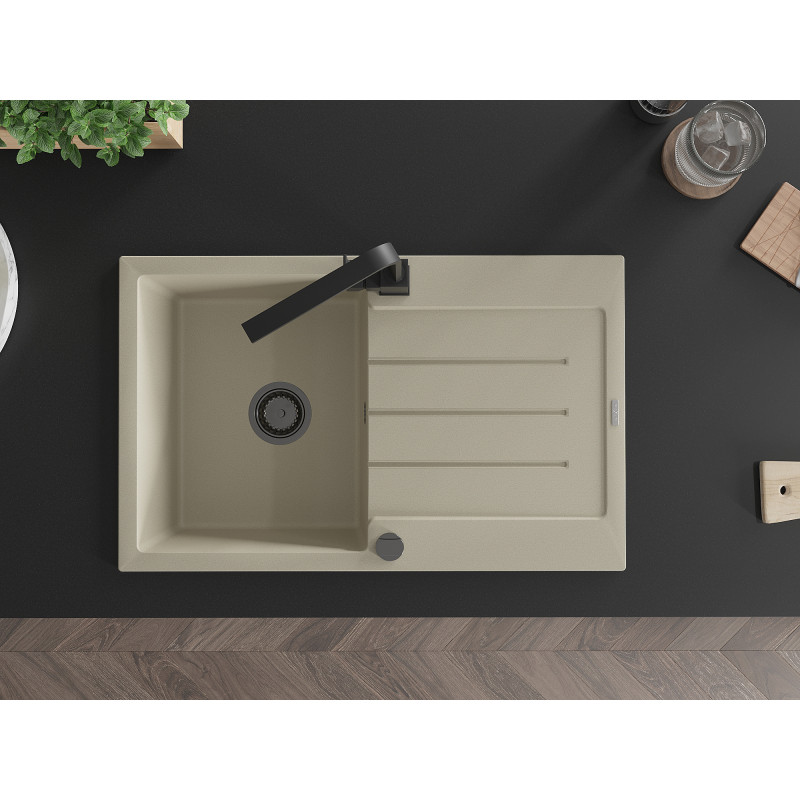 Mexen Bruno Granitspüle 1-becken mit Abtropffläche und Küchenarmatur Rita, beige - 6513-69-670300-70