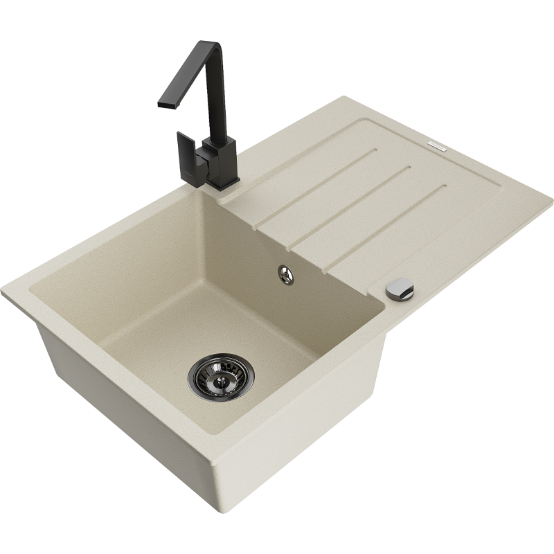 Mexen Bruno Granitspüle 1-becken mit Abtropffläche und Küchenarmatur Rita, beige - 6513-69-670300-70