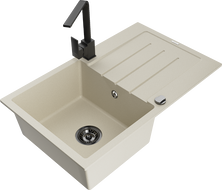 Mexen Bruno Granitspüle 1-becken mit Abtropffläche und Küchenarmatur Rita, beige - 6513-69-670300-70