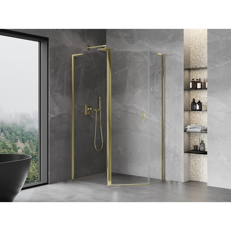 Mexen Mist L fünfeckige asymmetrische Duschkabine, schwenkbar 90 x 80 cm, transparent, gold - 8A8L-090-080-50-00