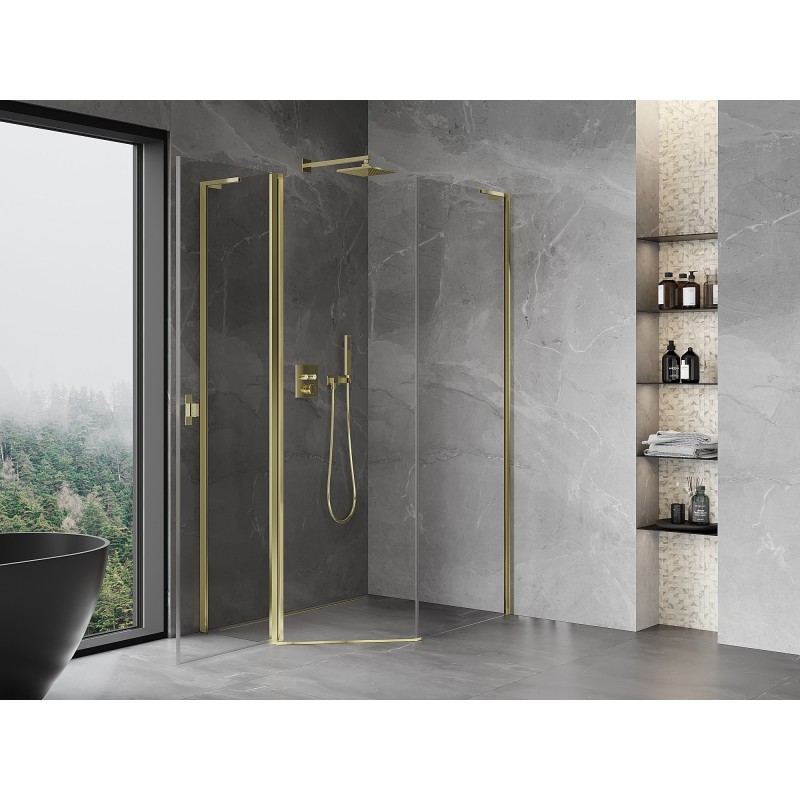 Mexen Mist L Fünfeck-Duschkabine asymmetrisch schwenkbar 80 x 90 cm, transparent, gold - 8A8L-080-090-50-00