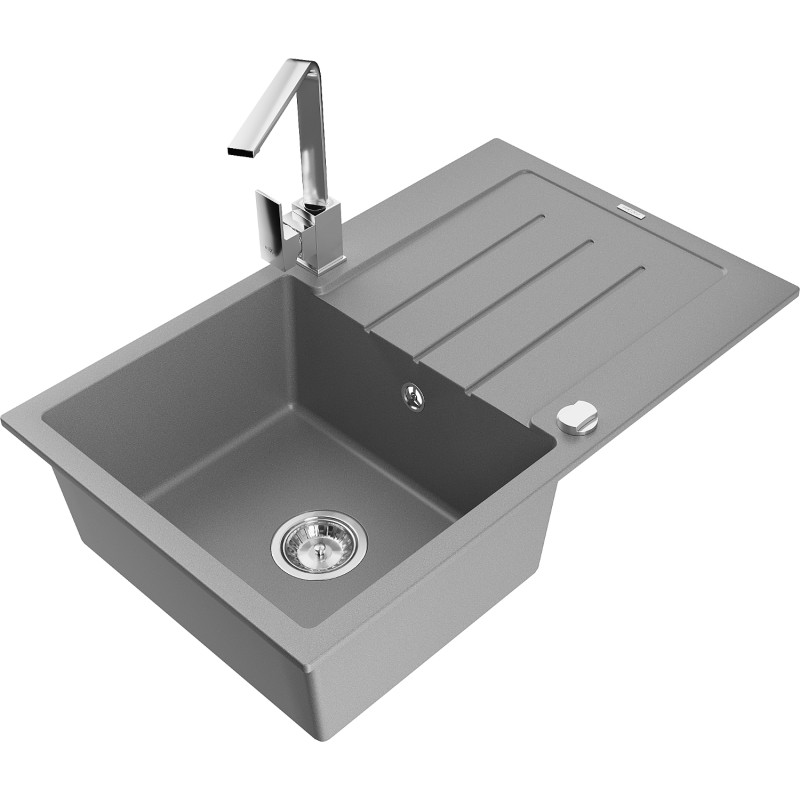 Mexen Bruno 1-Becken Granitspüle mit Abtropffläche und Küchenarmatur Rita, grau - 6513-71-670300-00