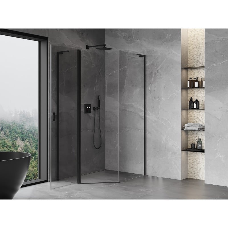 Mexen Mist L asymmetrische Fünfeck-Duschkabine mit Drehfunktion 80 x 90 cm, transparent, schwarz - 8A8L-080-090-70-00