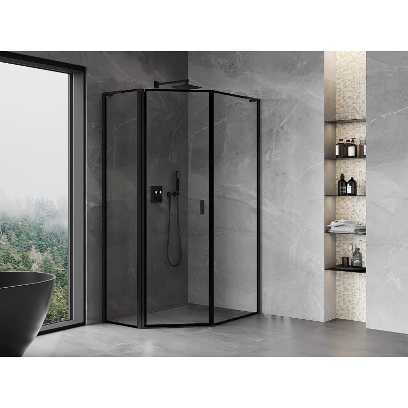Mexen Mist L asymmetrische Fünfeck-Duschkabine mit linker Tür 80 x 100 cm, schwarzer Rahmen, schwarz - 8A8L-080-100-70-70-L