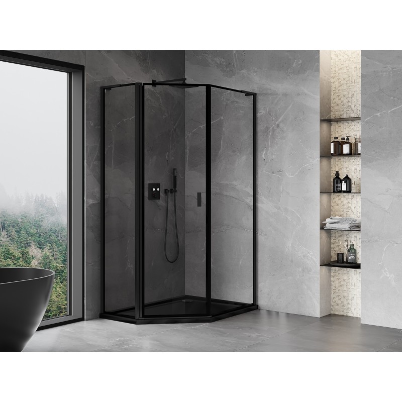 Mexen Mist L asymmetrische fünfeckige Duschkabine, links öffnend 90 x 100 cm, schwarzer Rahmen, schwarz - 8A8L-090-100-70-70-L