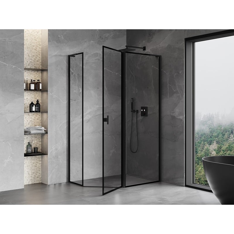 Mexen Mist L asymmetrische Fünfeck-Duschkabine, schwenkbare rechte Tür 90 x 80 cm, schwarzer Rahmen, schwarz