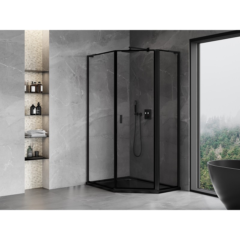 Mexen Mist L asymmetrische fünfeckige Duschkabine, rechts öffnend, 80 x 90 cm, schwarzer Rahmen, schwarz - 8A8L-080-090-70-70-P
