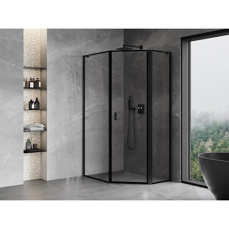 Mexen Mist L asymmetrische Fünfeck-Duschkabine, rechte Tür 80 x 100 cm, schwarzer Rahmen, schwarz - 8A8L-080-100-70-70-P