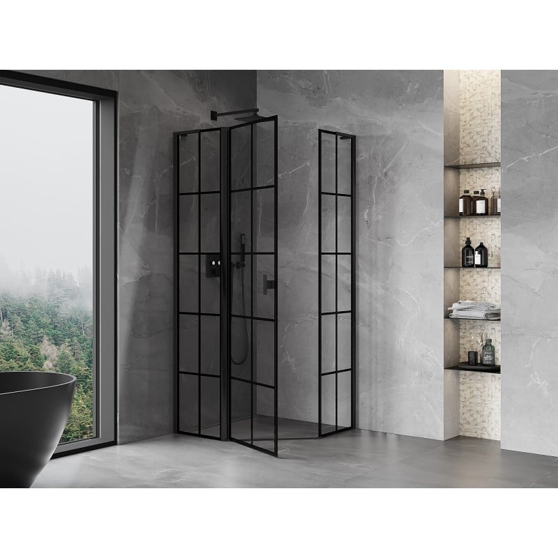 Mexen Mist L Fünfeck-Duschkabine mit linker Schwenktür 80 x 80 cm, schwarzes Gitter, schwarz - 8A8L-080-080-70-77-L