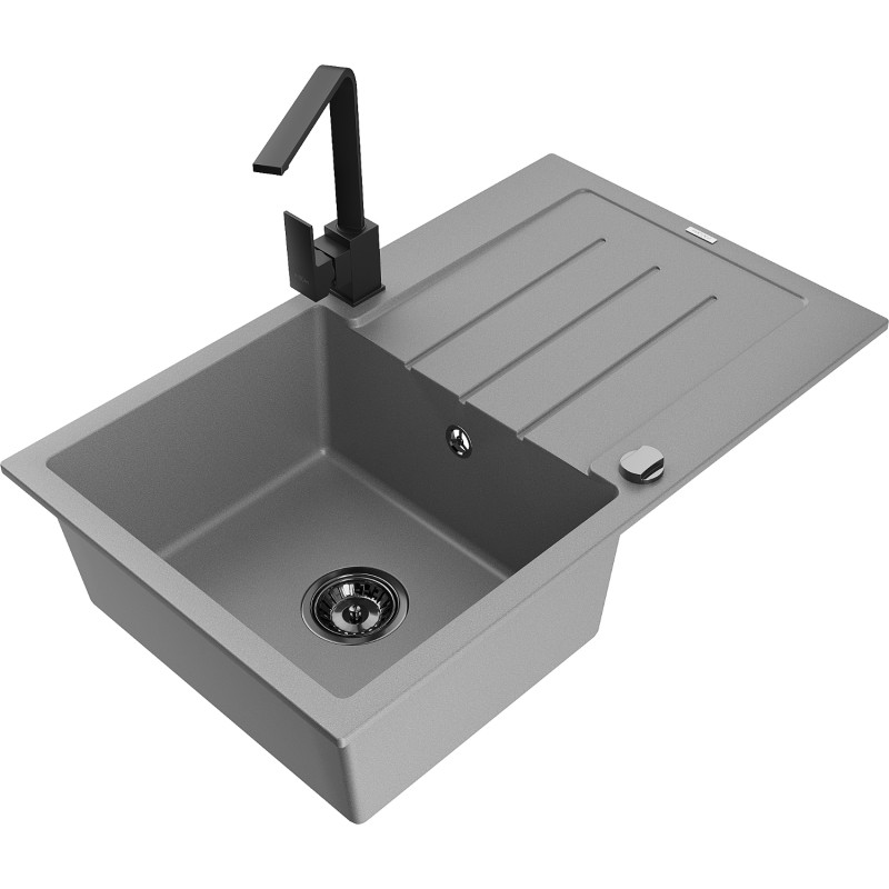 Mexen Bruno Granitspüle 1-Becken mit Abtropffläche und Küchenarmatur Rita, grau - 6513-71-670300-70-B