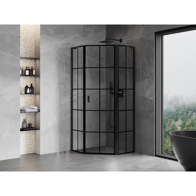 Mexen Mist L Fünfeck-Duschkabine, rechte Tür 90 x 90 cm, schwarzes Gitter, schwarz - 8A8L-090-090-70-77-P