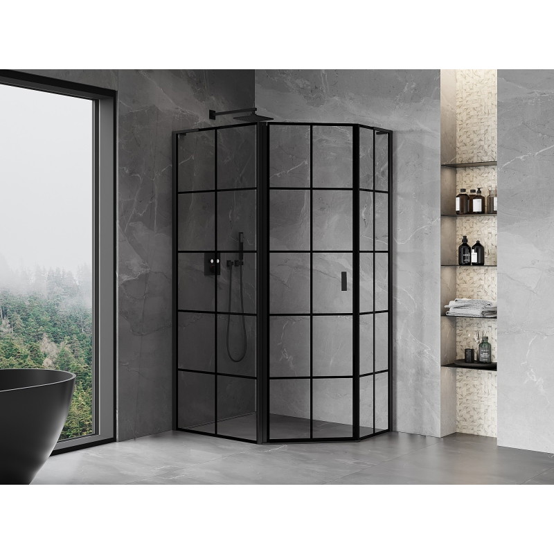 Mexen Mist L Asymmetrische fünfeckige Duschkabine mit linker Schwenktür 90 x 80 cm, schwarzes Gitter, schwarz