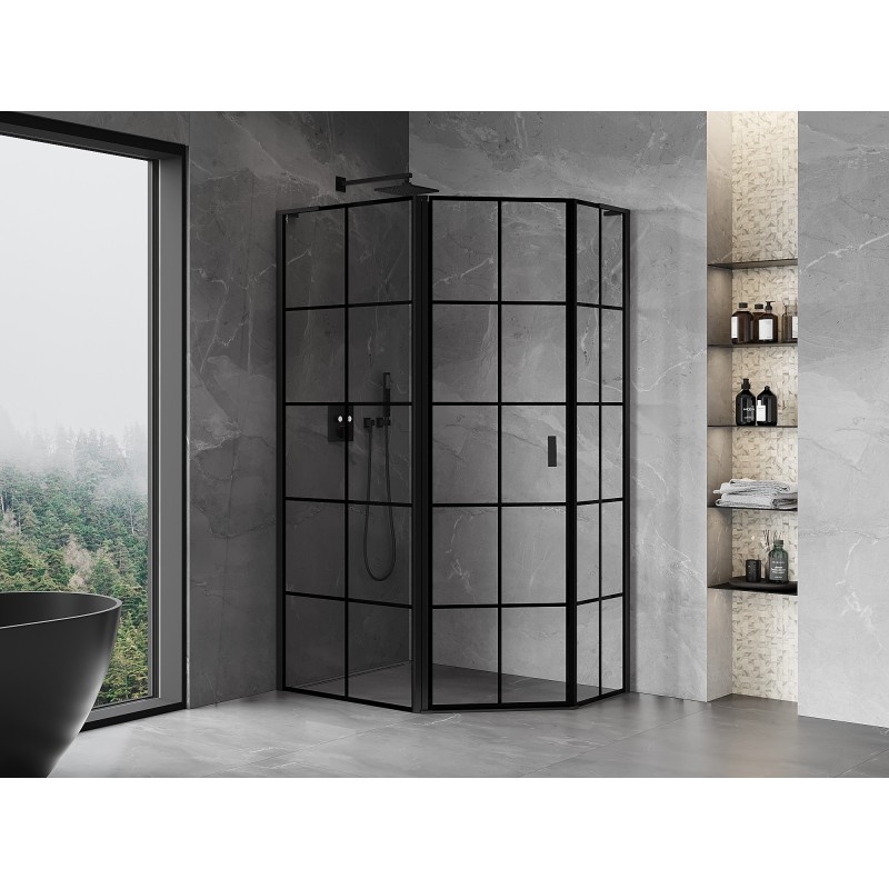 Mexen Mist L asymmetrische fünfeckige Duschkabine mit Tür links 100 x 80 cm, schwarzes Gitter, schwarz - 8A8L-100-080-70-77-L