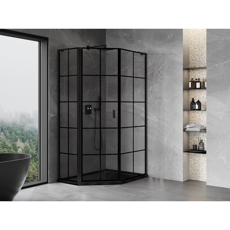 Mexen Mist L asymmetrische fünfeckige Duschkabine mit linker Schwingtür 80 x 90 cm, schwarzes Gitter, schwarz
