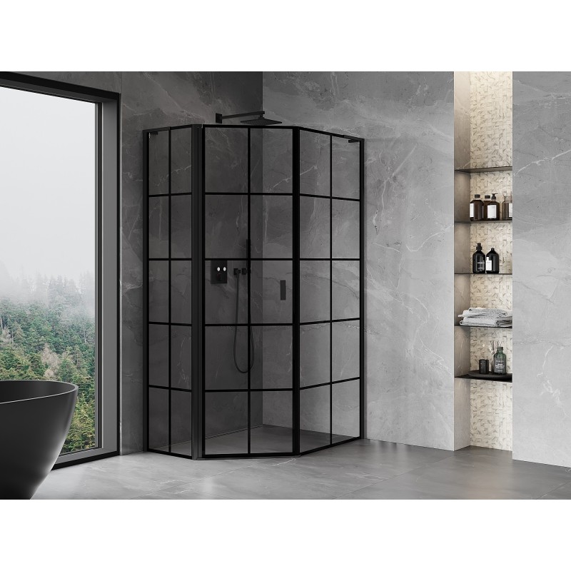 Mexen Mist L Fünfeck-Duschkabine asymmetrisch schwenkbar links 80 x 100 cm, schwarz kariert, schwarz - 8A8L-080-100-70-77-L
