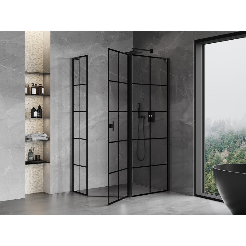 Mexen Mist L asymmetrische fünfeckige Duschkabine, rechte Tür 100 x 80 cm, schwarzes Gitter, schwarz - 8A8L-100-080-70-77-P