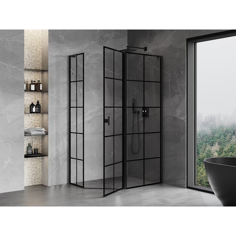 Mexen Mist L asymmetrische Fünfeck-Duschkabine, rechts öffnend, 100 x 90 cm, schwarzes Gitter, schwarz - 8A8L-100-090-70-77-P