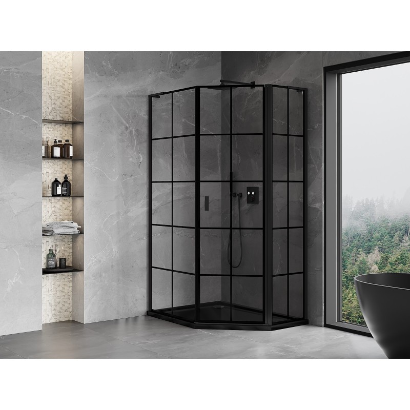 Mexen Mist L fünfeckige asymmetrische Duschkabine rechts öffnend 80 x 100 cm, schwarzes Gitter, schwarz - 8A8L-080-100-70-77-P