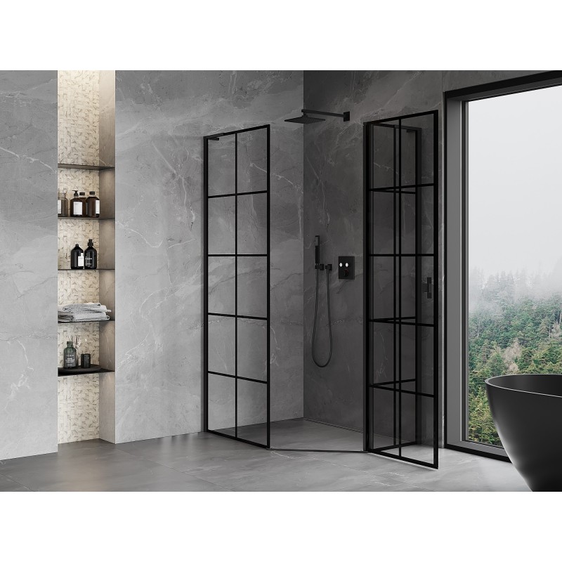 Mexen Mist L asymmetrische Fünfeck-Duschkabine rechts schwenkbar 90 x 100 cm, schwarzes Gitter, schwarz - 8A8L-090-100-70-77-P
