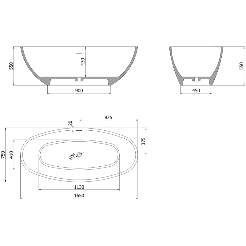 Mexen Bari freistehende Badewanne aus Konglomerat 165 x 75 cm, weiß matt - 57221657500