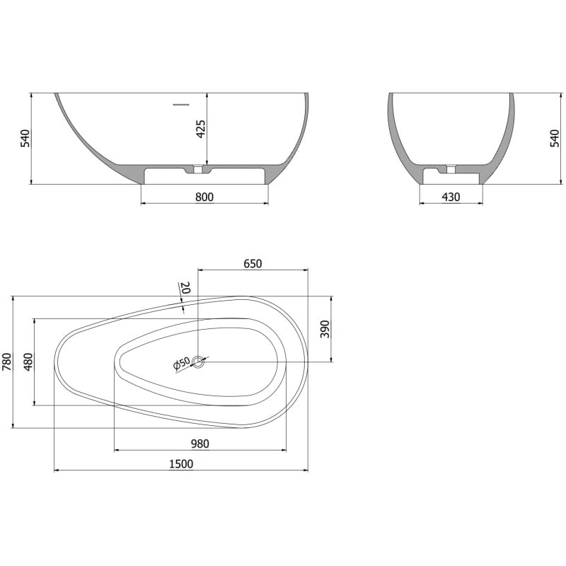 Mexen Palermo Freistehende Badewanne aus Konglomerat 150 x 78 cm, weiß matt - 57211507800